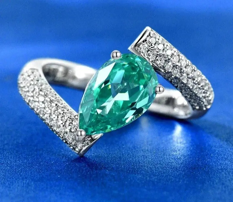 1.5CT Pear Cut Paraiba Tourmaline High Carbon Diamond Ring Crystalstile