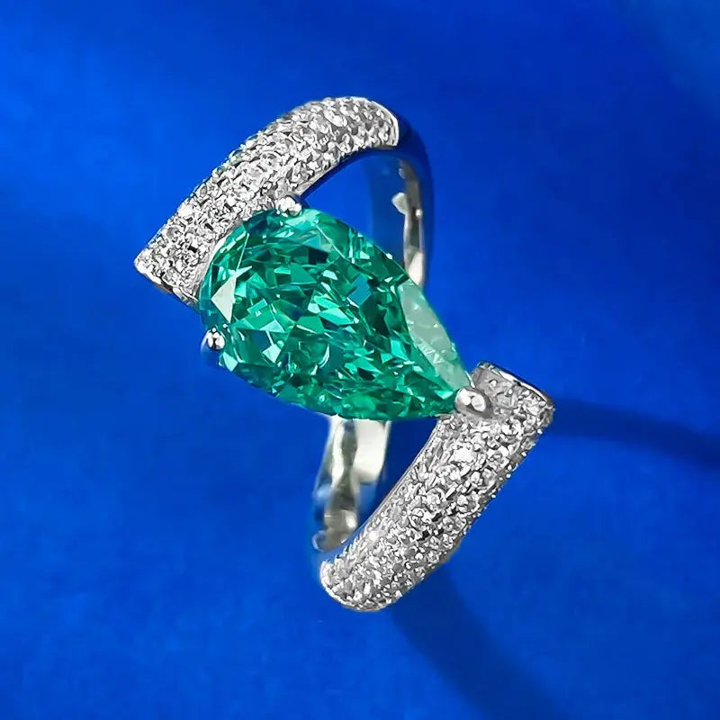 1.5CT Pear Cut Paraiba Tourmaline High Carbon Diamond Ring Crystalstile