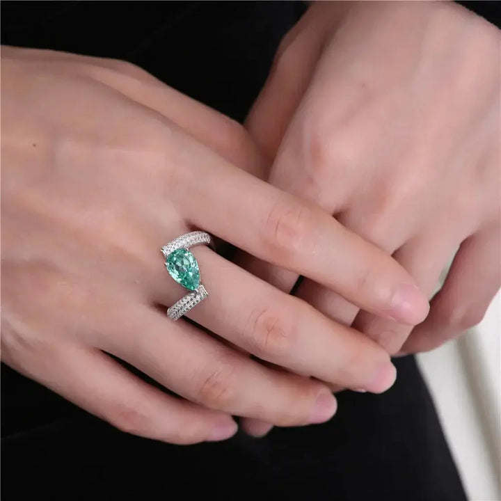 1.5CT Pear Cut Paraiba Tourmaline High Carbon Diamond Ring Crystalstile