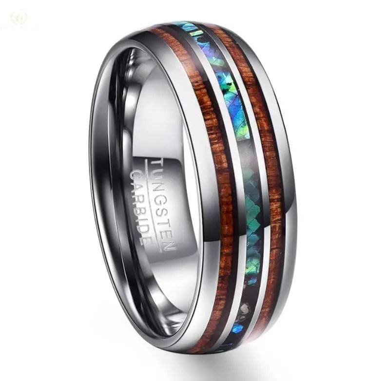 Acacia Wood Abalone Shell Tungsten Steel Ring - Crystalstile