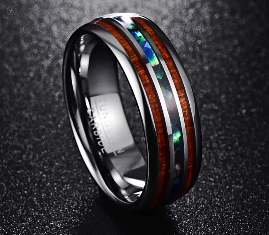 Acacia Wood Abalone Shell Tungsten Steel Ring - Crystalstile