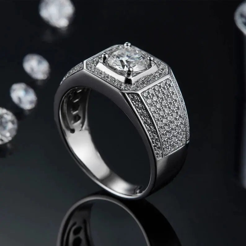 Moissanite Ring Wedding For Men, 1.0ct 2.0ct 3.0ct Pave Set - Crystalstile