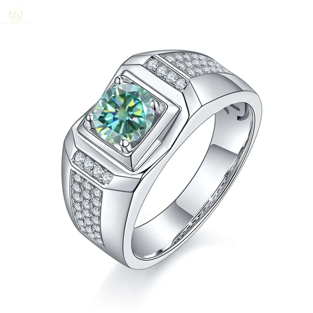 Moissanite Ring Wedding For Men, 925 Sterling Silver Green Round - Crystalstile