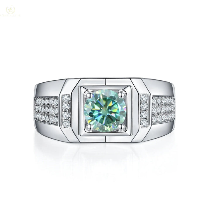 Moissanite Ring Wedding For Men, 925 Sterling Silver Green Round - Crystalstile