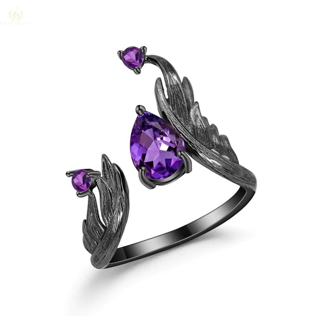 Natural Amethyst 925 Sterling Silver Adjustable Angel's Wing Ring, Crystalstile