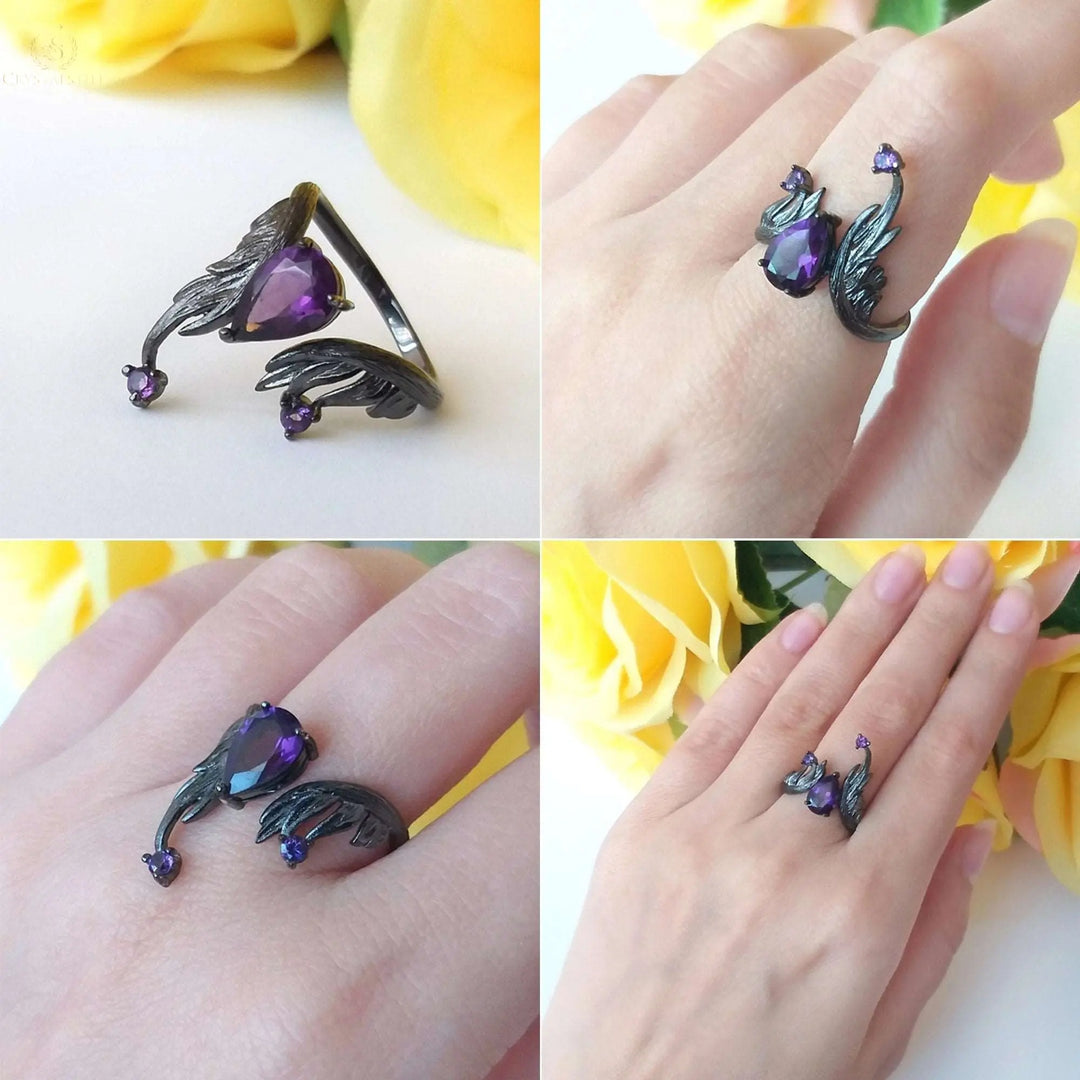 Natural Amethyst 925 Sterling Silver Adjustable Angel's Wing Ring, - Crystalstile