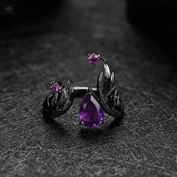 Natural Amethyst 925 Sterling Silver Adjustable Angel's Wing Ring, - Crystalstile