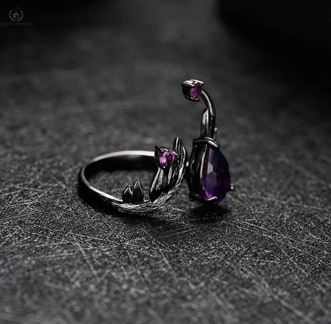 Natural Amethyst 925 Sterling Silver Adjustable Angel's Wing Ring, - Crystalstile