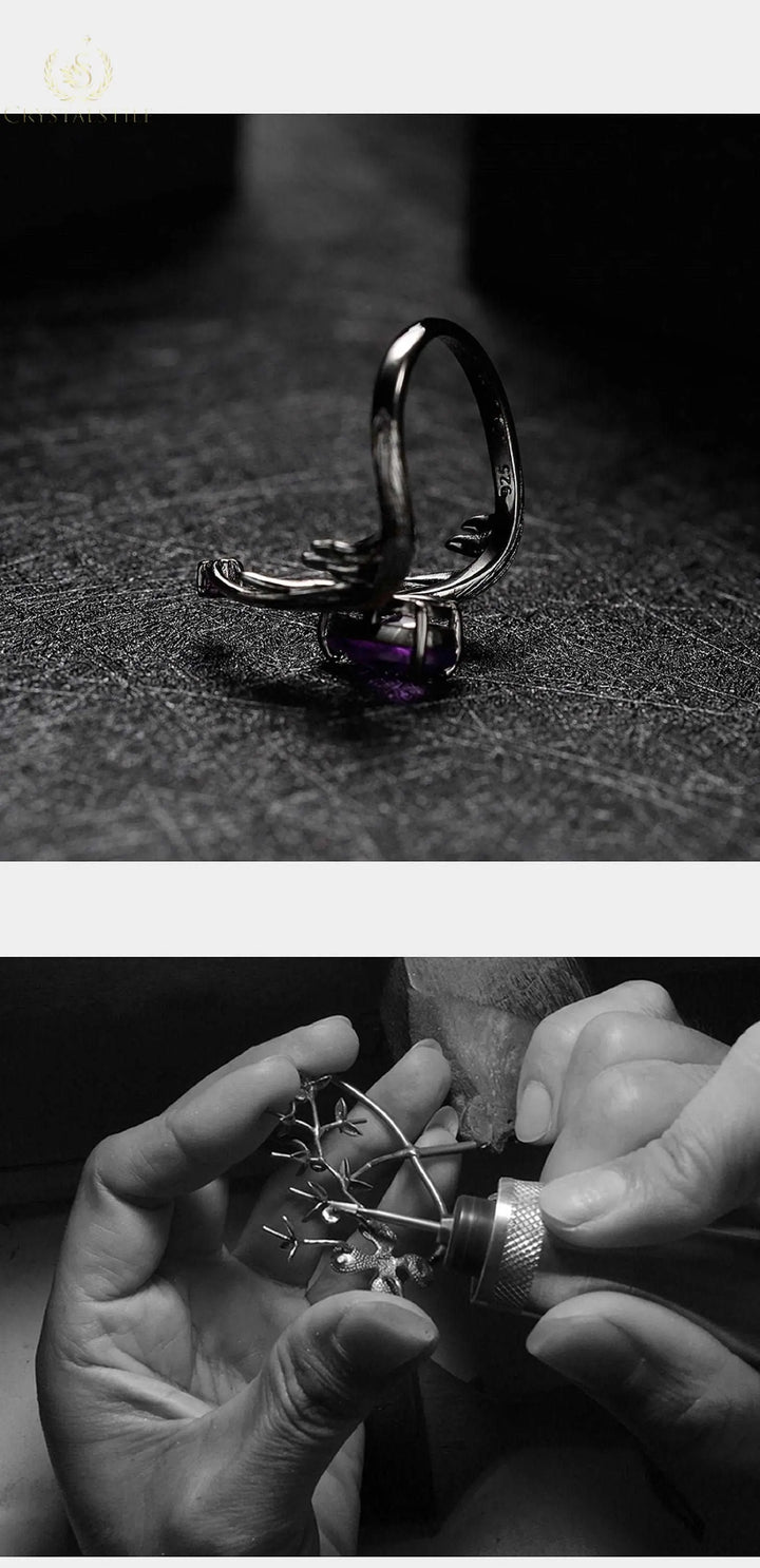 Natural Amethyst 925 Sterling Silver Adjustable Angel's Wing Ring, - Crystalstile