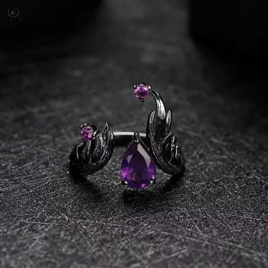 Natural Amethyst 925 Sterling Silver Adjustable Angel's Wing Ring, - Crystalstile