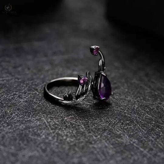 Natural Amethyst 925 Sterling Silver Adjustable Angel's Wing Ring, - Crystalstile