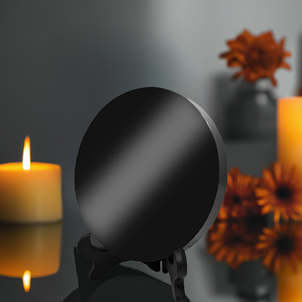 An obsidian mirror sits on a table among candles and flowers