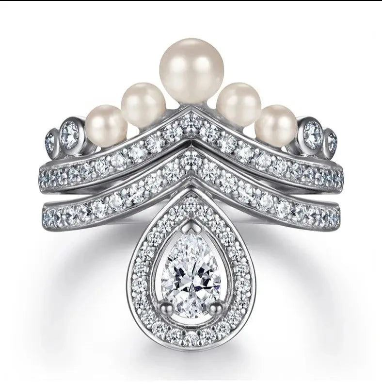 Pear Cut High Carbon Diamond Pearl Wedding Ring Set Crystalstile