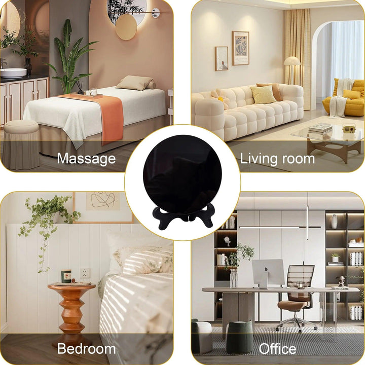 The black obsidian scrying mirror displayed in multiple environments, including a massage room, living room, bedroom, and office, showcasing its versatile use for meditation, reflection, and interior decoration