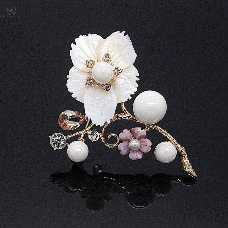 Shell And Pearl Flower Brooches For Women - Crystalstile