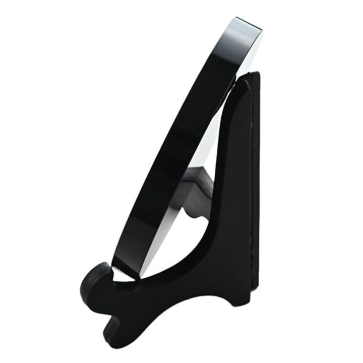 Side angle of the Large Obsidian Mirror (7.87 in) on its wooden stand, designed for advanced spiritual practices.