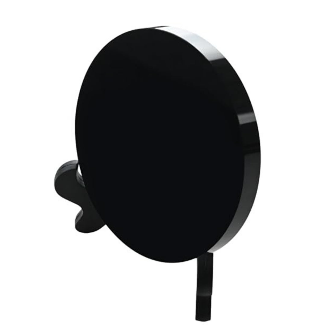 Side profile of an obsidian scrying mirror resting on a black stand, ideal for meditation and spiritual practices