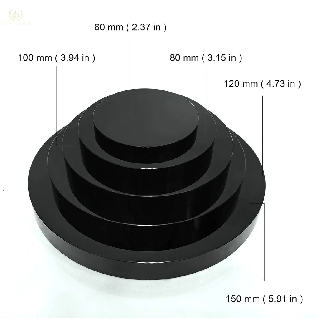 Size comparison of the Obsidian mirror collection, featuring the Mystic Crystals mirror (7.08 in) for rituals and spiritual work.