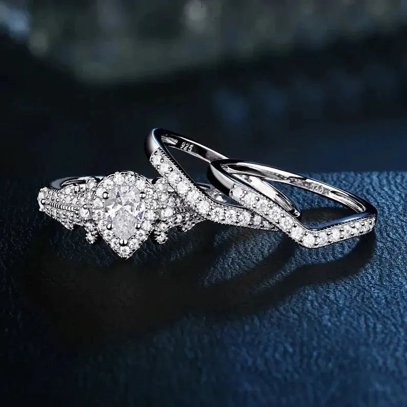 Wedding Ring Set, 1.4CT, 3 Pcs, Pear Shape - Crystalstile