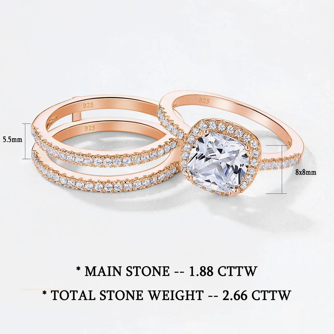 Wedding Ring Set, 1.88CT, Halo Cushion Cut Crystalstile