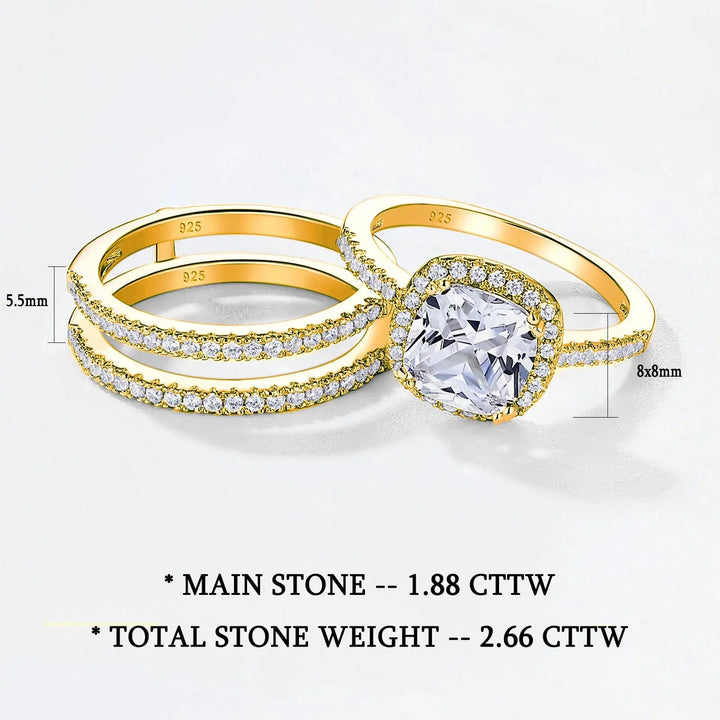 Wedding Ring Set, 1.88CT, Halo Cushion Cut Crystalstile