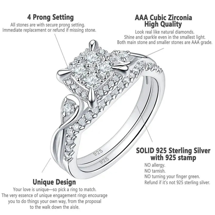 Wedding Ring Set,  2 Pcs, Halo Round Cut - Crystalstile