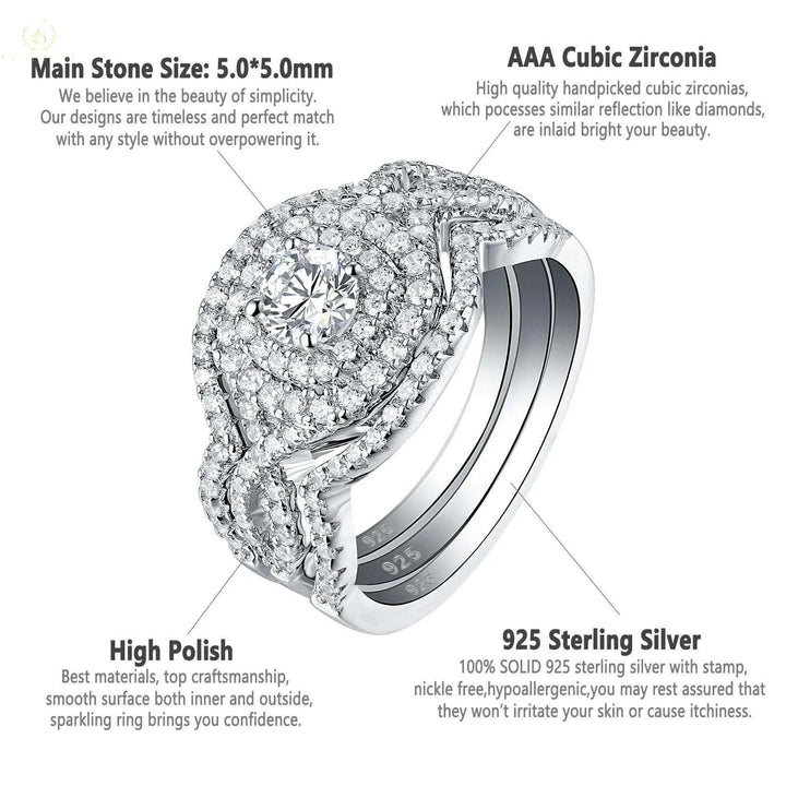 Wedding Ring Set, 2.1CT, 3 Pcs, Round Cut - Crystalstile