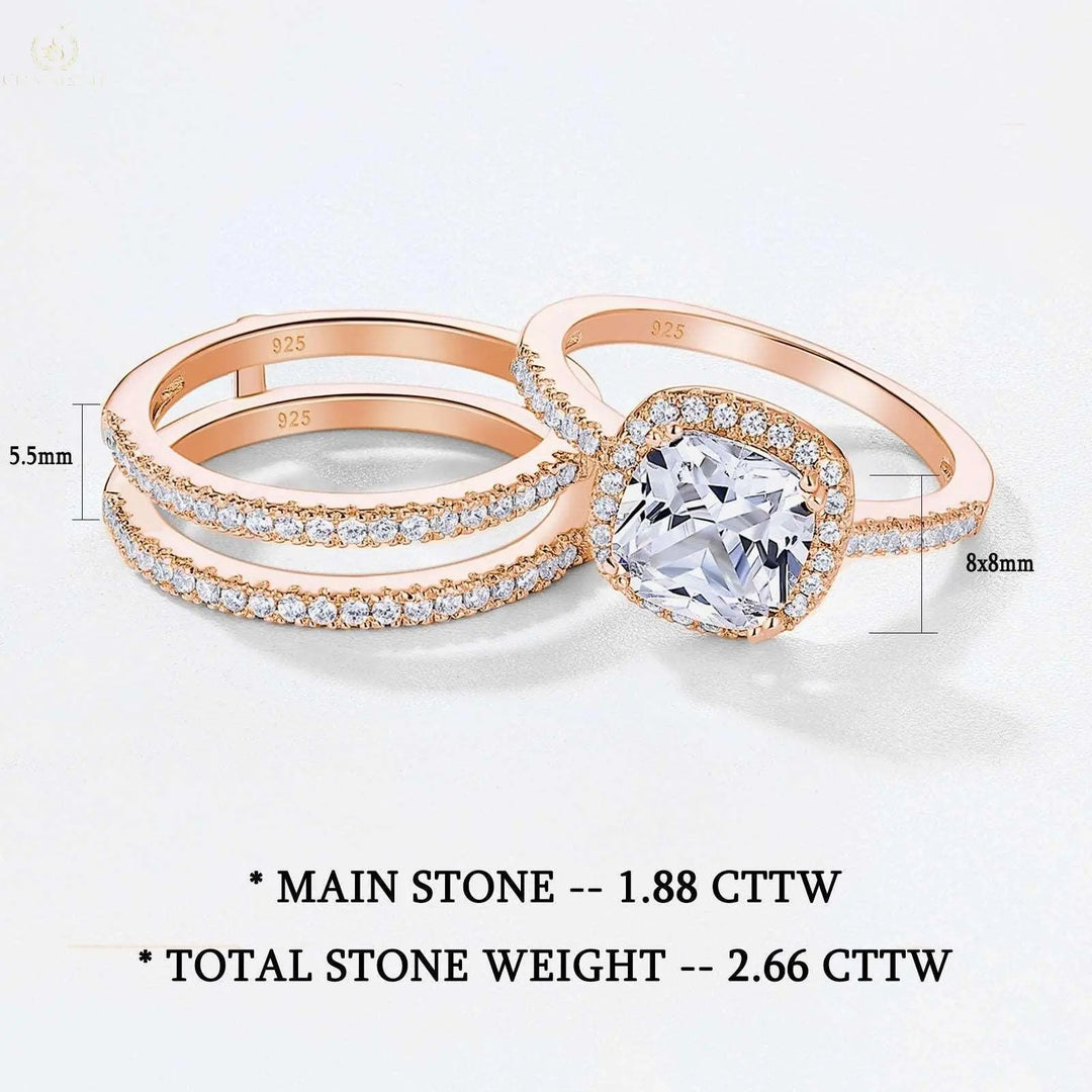 Wedding Ring Set, 2.66CT Round Shape, Halo Cushion Cut - Crystalstile