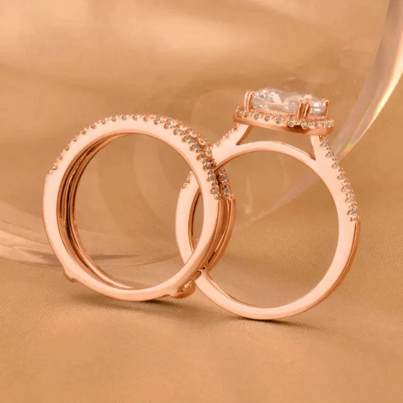 Wedding Ring Set, 2.66CT Round Shape, Halo Cushion Cut - Crystalstile