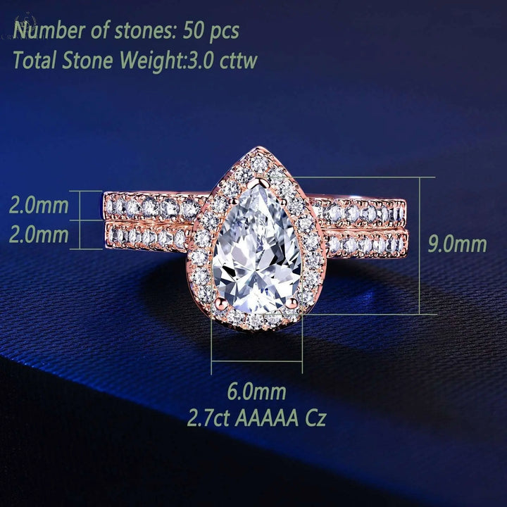 Wedding Ring Set, 3.0CT, 2 Pcs, Halo Pear Cut - Crystalstile