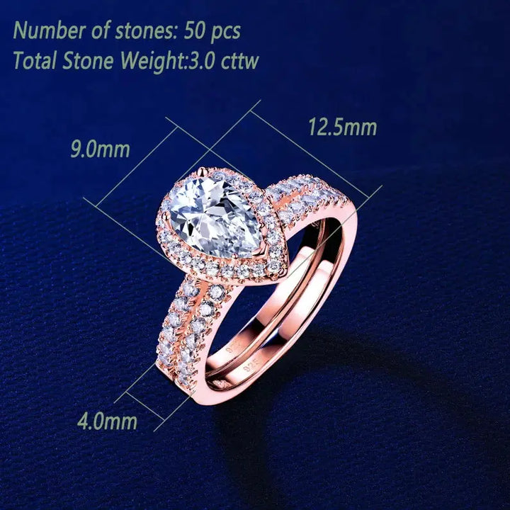 Wedding Ring Set, 3.0CT, 2 Pcs, Halo Pear Cut - Crystalstile