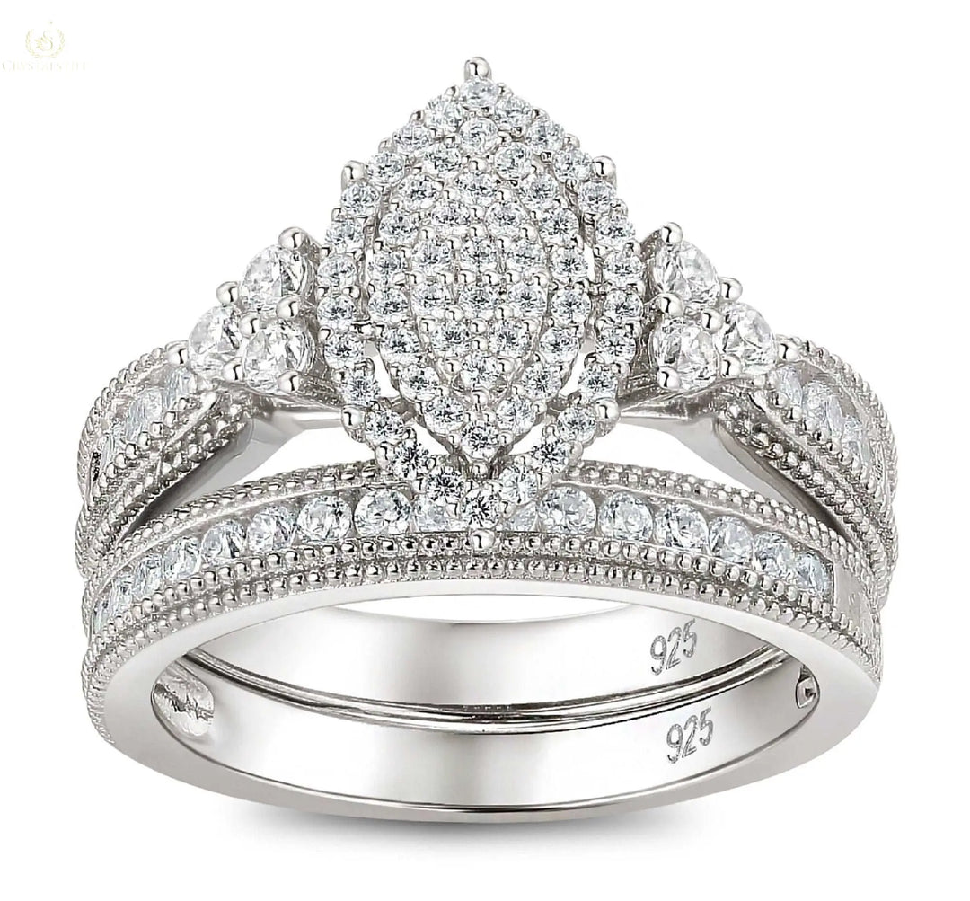 Wedding Ring Set, Marquise Cluster Vintage - Crystalstile