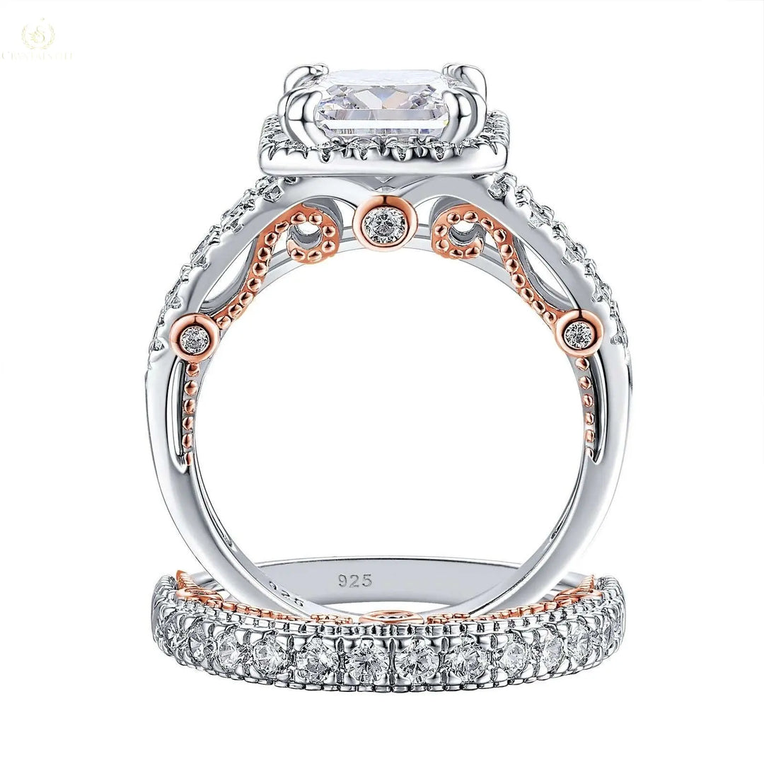 Wedding Ring Set, Princess Cut, 925 Sterling Silver - Crystalstile
