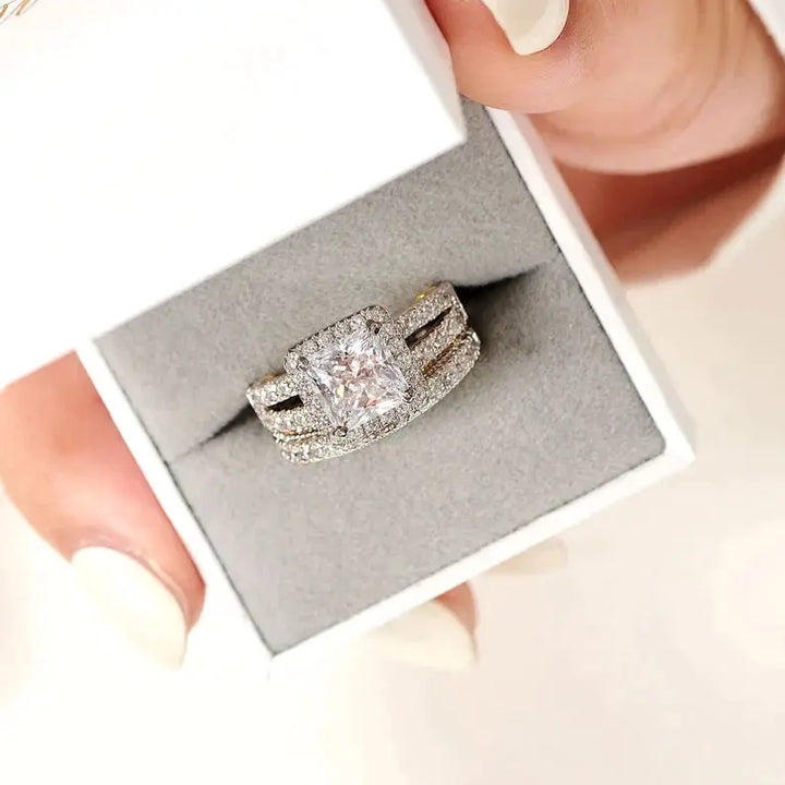 Wedding Ring Set, Princess Cut, 925 Sterling Silver - Crystalstile