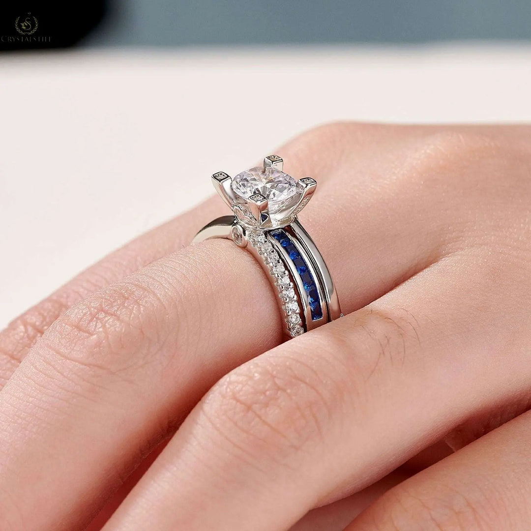 Wedding Ring Set, Round Cut, 925 Sterling Silver - Crystalstile