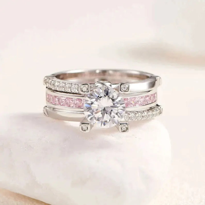 Wedding Ring Set, Round Cut, 925 Sterling Silver - Crystalstile