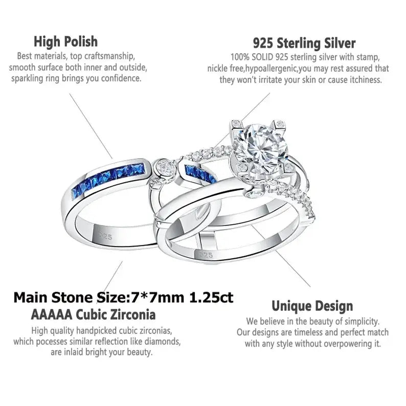 Wedding Ring Set, Round Cut, 925 Sterling Silver - Crystalstile