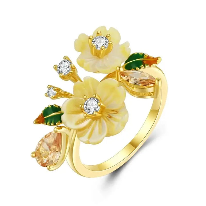 Yellow Shell Flower Shining Colorful Zircon Ring Crystalstile