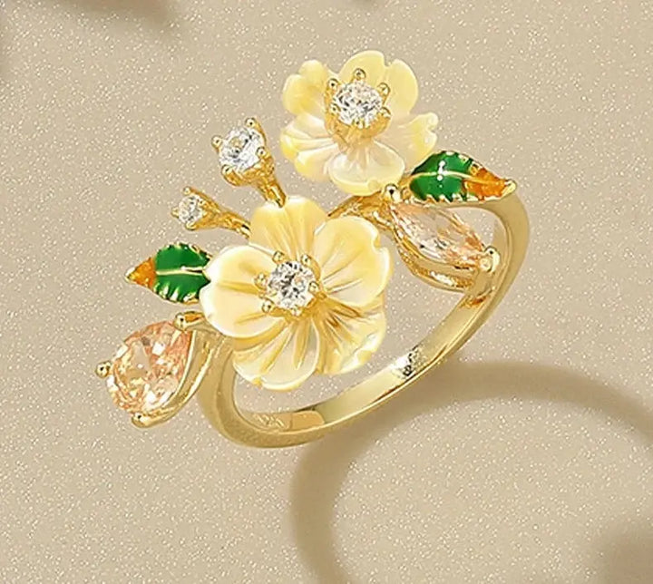 Yellow Shell Flower Shining Colorful Zircon Ring Crystalstile