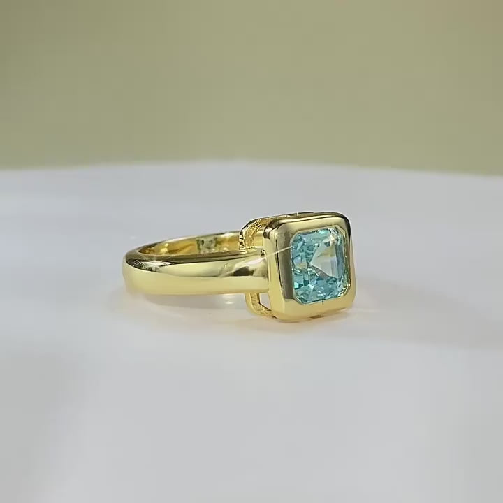 7MM See Blue Asscher Cut Aquamarine Ring