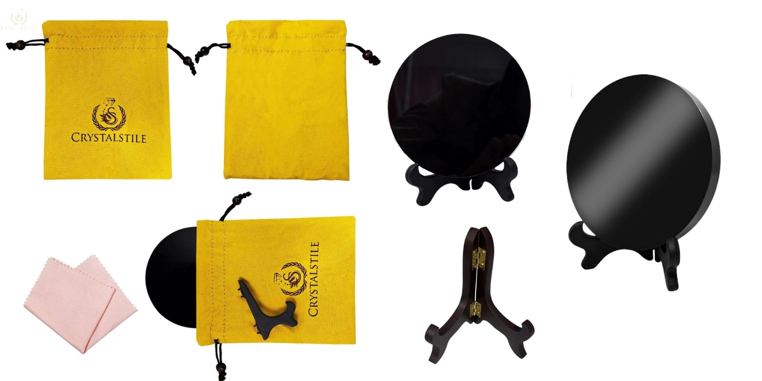 Obsidian mirror set with wooden stand, protective pouch and cleaning cloth